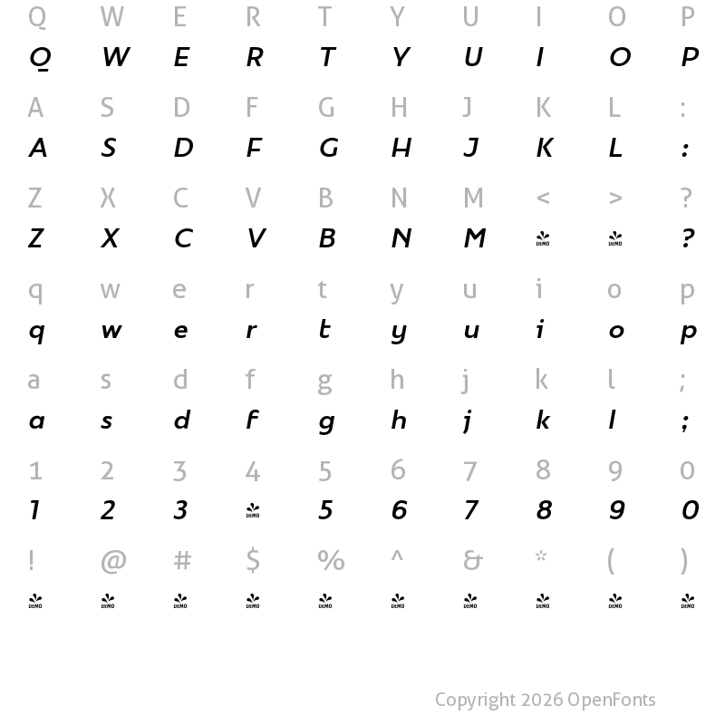 Character Map of FONTSPRING DEMO - Mymoon Regular Italic Regular