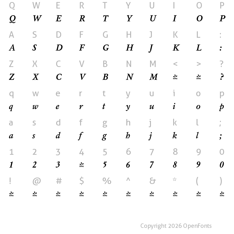 Character Map of FONTSPRING DEMO - Mysl Bold Italic