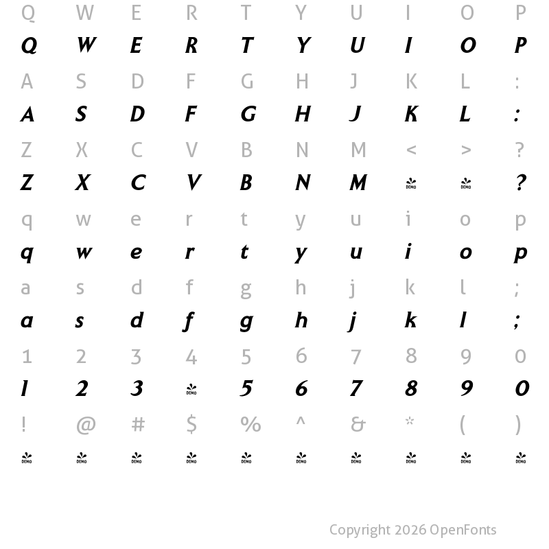 Character Map of FONTSPRING DEMO - Mythica Bold Italic