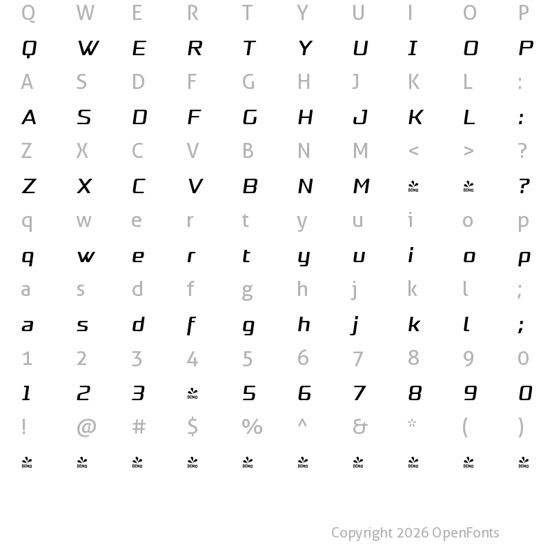 Character Map of FONTSPRING DEMO - Naftera Bold Italic Regular