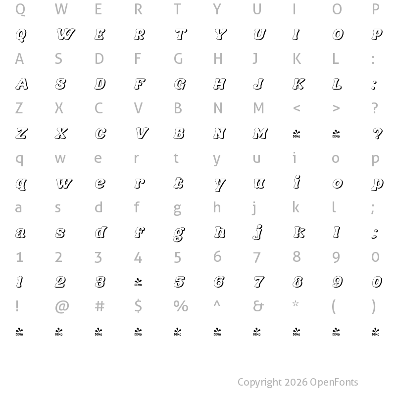 Character Map of FONTSPRING DEMO - Nagbuloe Shadow Bold Italic