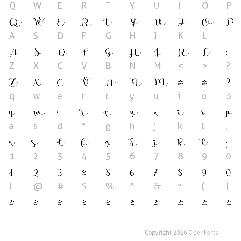 Character Map of FONTSPRING DEMO - Namaste Script Essential Black Regular