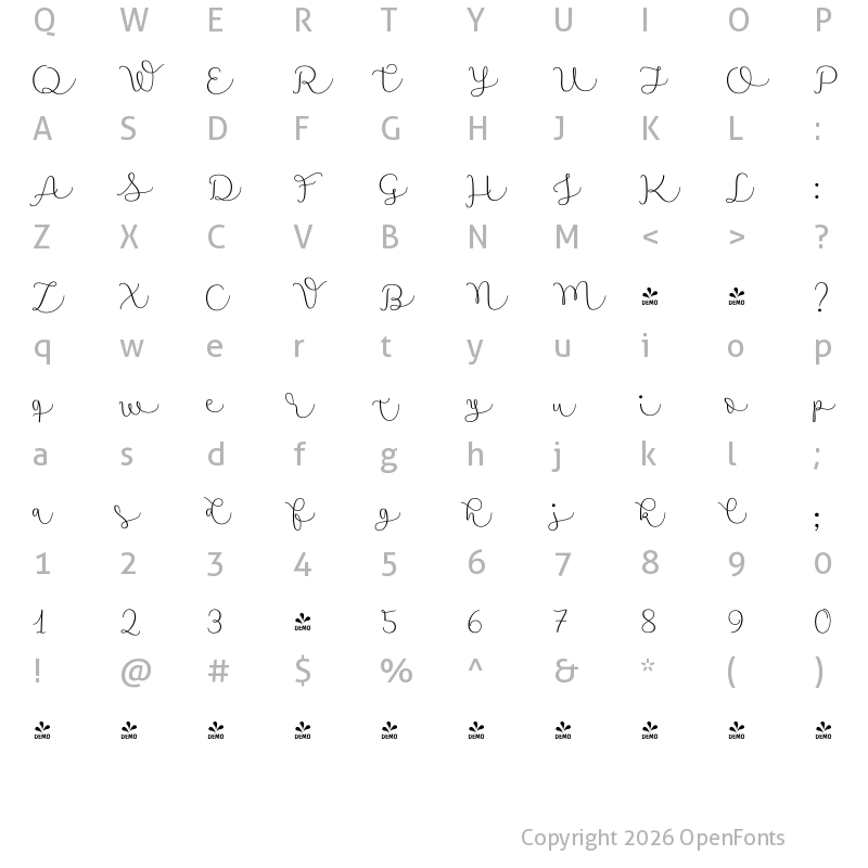 Character Map of FONTSPRING DEMO - Namaste Script Essential Light Regular