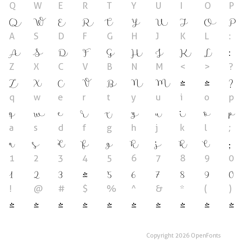 Character Map of FONTSPRING DEMO - Namaste Script Essential Regular