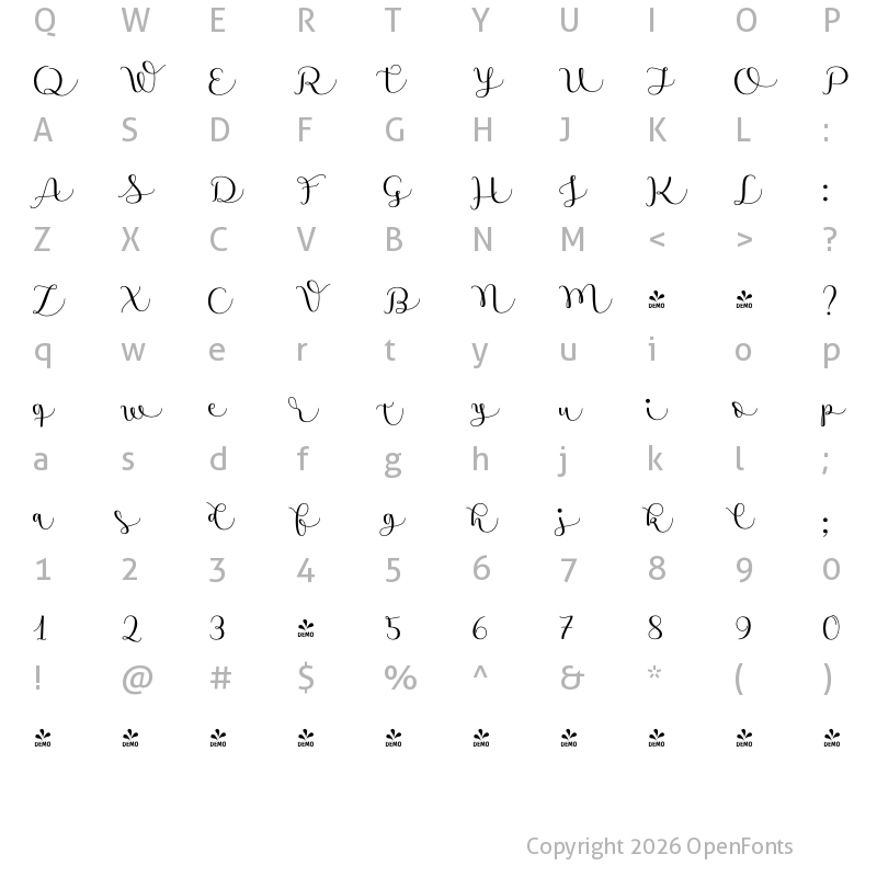 Character Map of FONTSPRING DEMO - Namaste Script Pro Bold Regular
