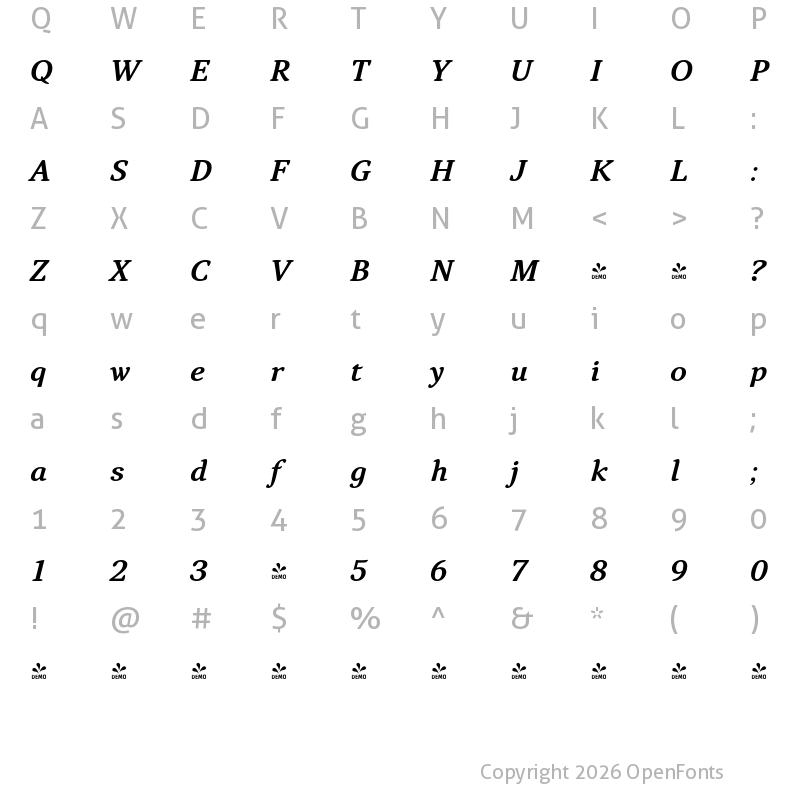 Character Map of FONTSPRING DEMO - Narevik Bold Italic