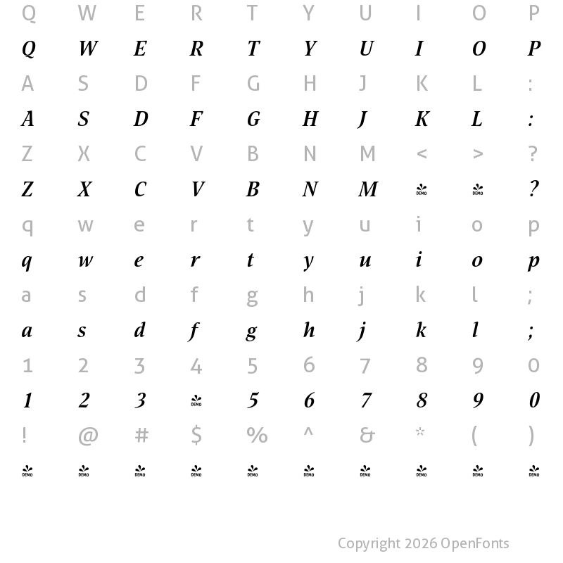 Character Map of FONTSPRING DEMO - Nat Flight Bold Italic