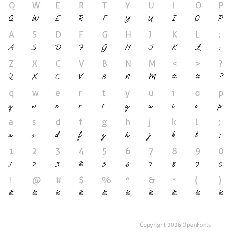 Character Map of FONTSPRING DEMO - Natural Script Bold Regular