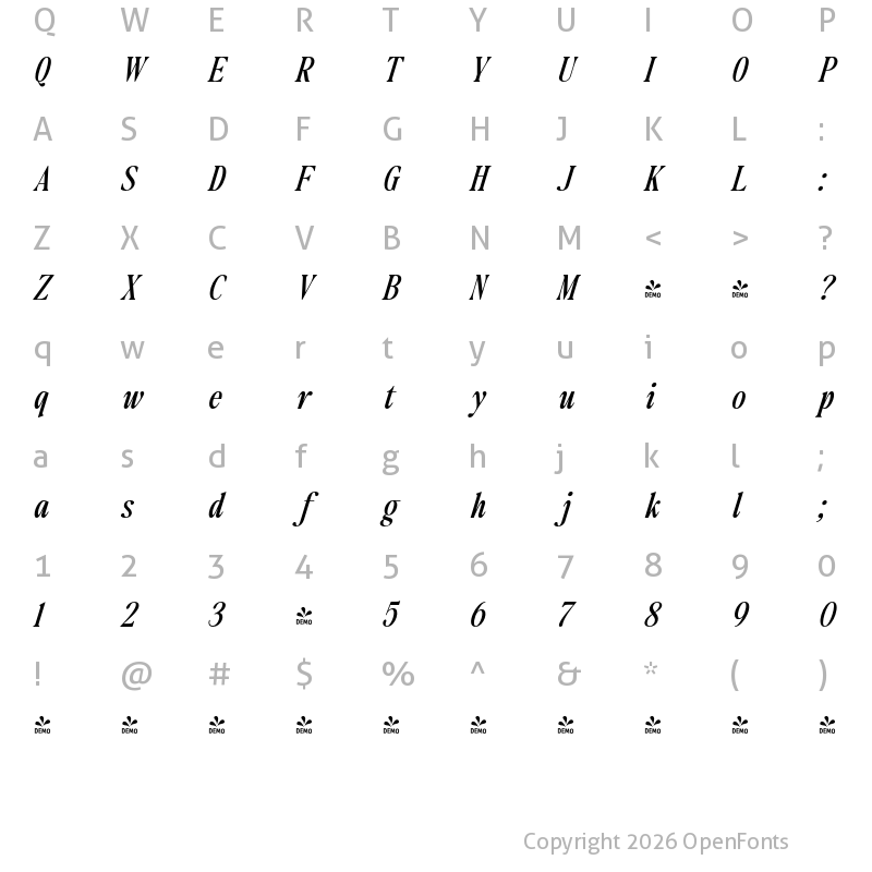 Character Map of FONTSPRING DEMO - Naturally Italic