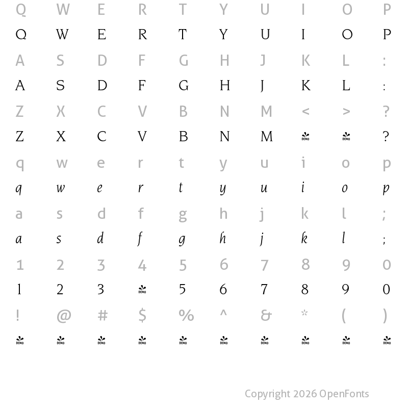 Character Map of FONTSPRING DEMO - Navarro Pro Italic