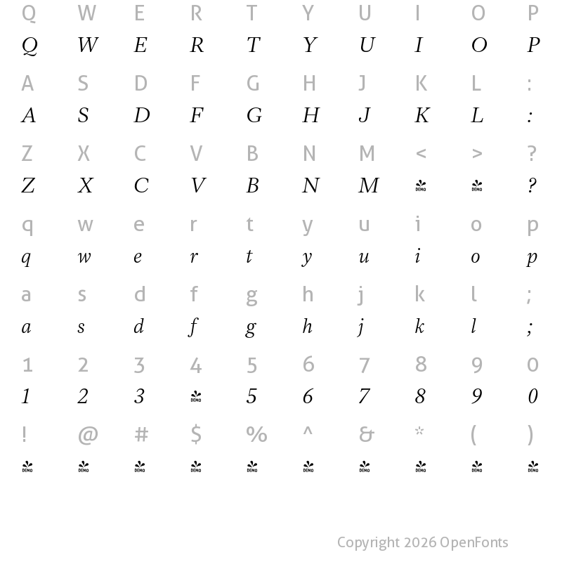 Character Map of FONTSPRING DEMO - NCT Epilogue Italic
