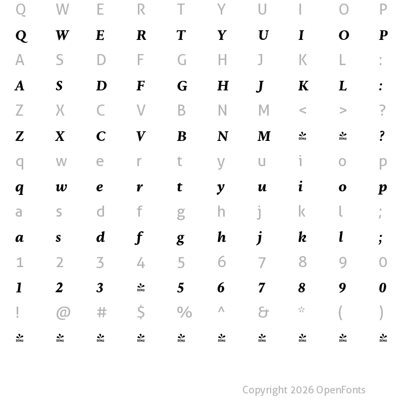 Character Map of FONTSPRING DEMO - NCT Granite Bold Italic