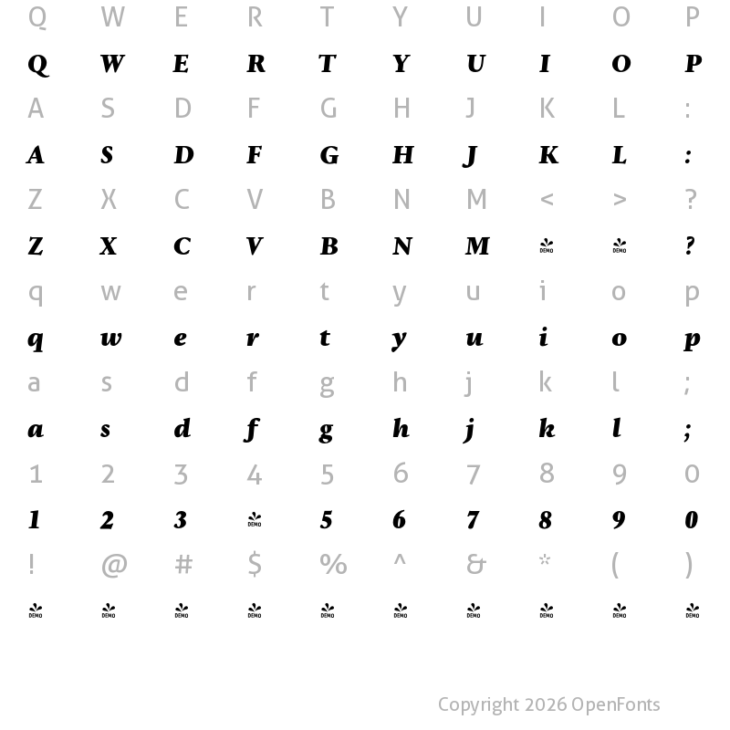 Character Map of FONTSPRING DEMO - NCT Granite ExtraBold Italic