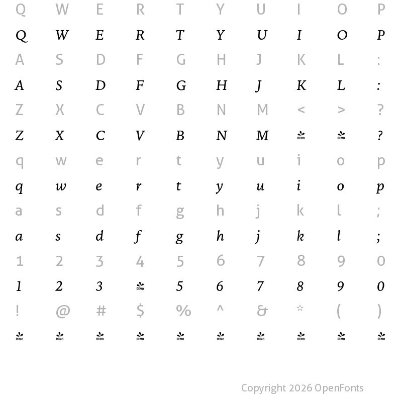 Character Map of FONTSPRING DEMO - NCT Granite Italic