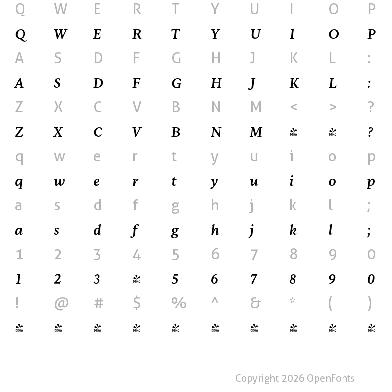 Character Map of FONTSPRING DEMO - NCT Granite Semibold Italic