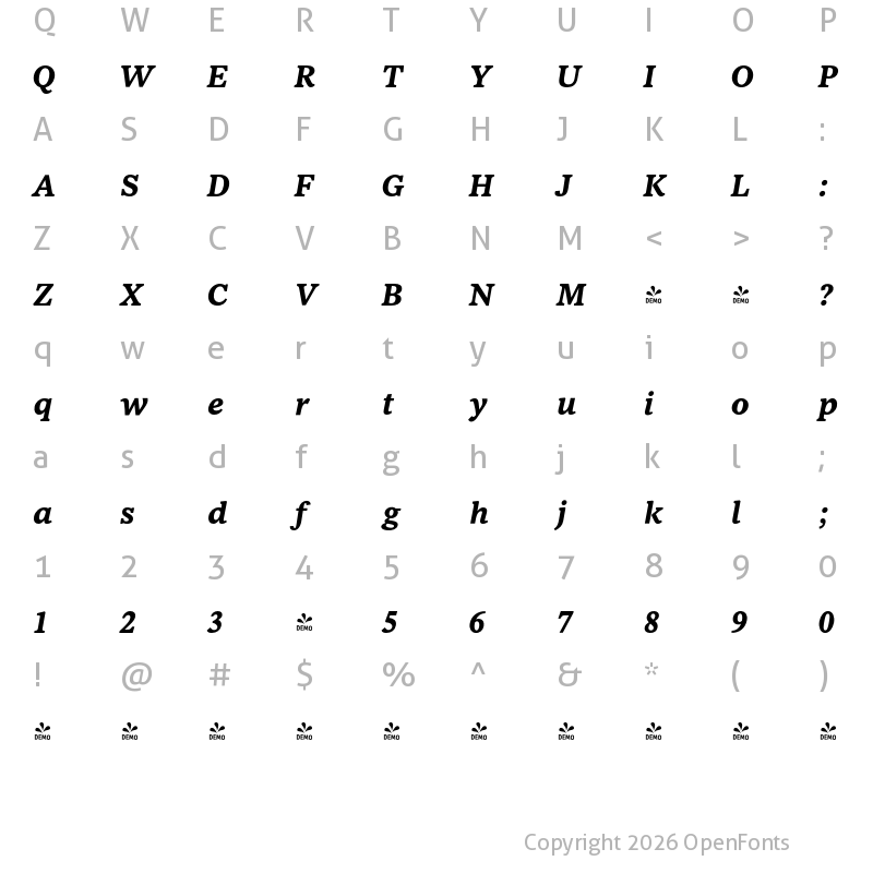 Character Map of FONTSPRING DEMO - NCT Larkspur Italic Bold Regular