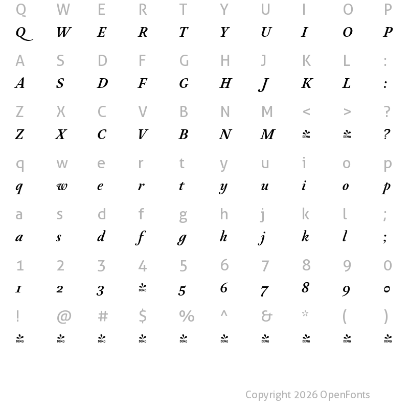 Character Map of FONTSPRING DEMO - Neftali Pro Regular Book Italic