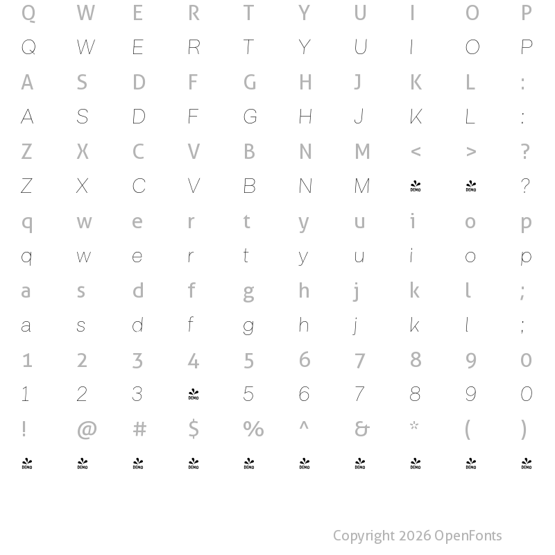 Character Map of FONTSPRING DEMO - Neo Grotesk Thin Oblique Regular