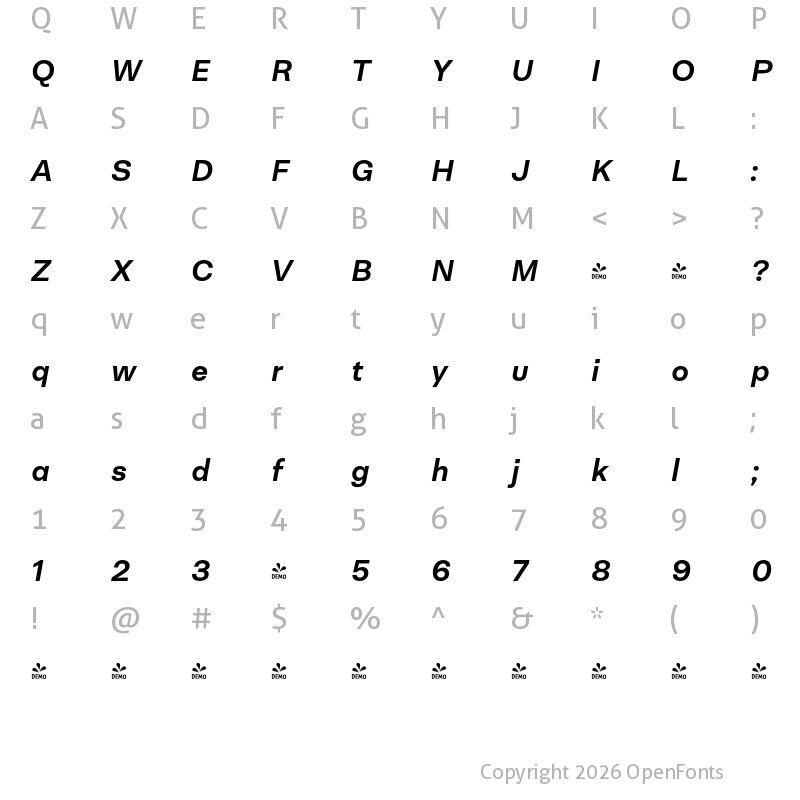 Character Map of FONTSPRING DEMO - Neogrotesk Ess Alt Bold It Regular