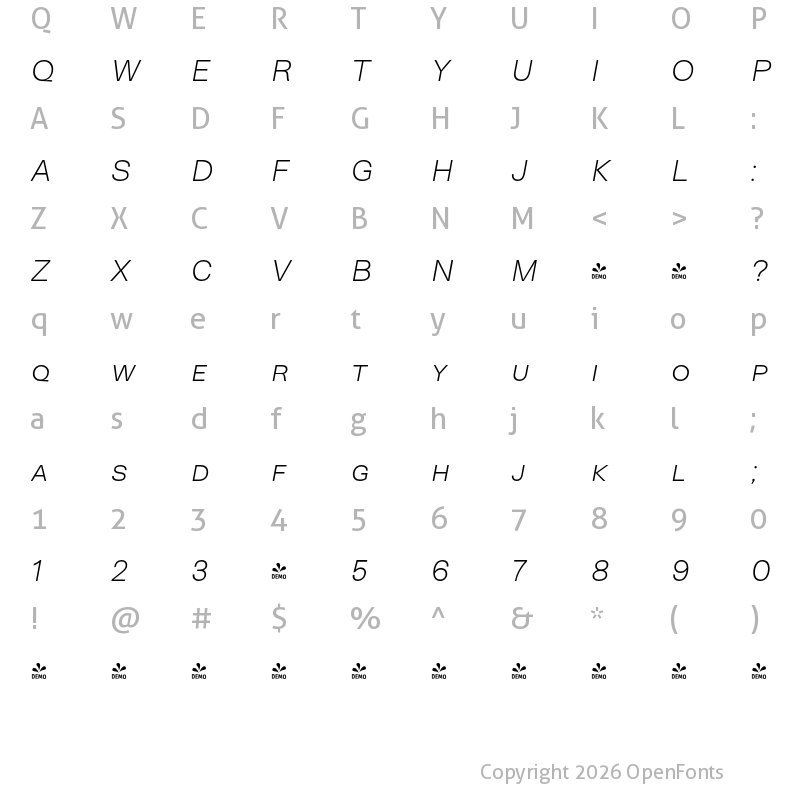 Character Map of FONTSPRING DEMO - Neogrotesk SC Ultra Light It Regular