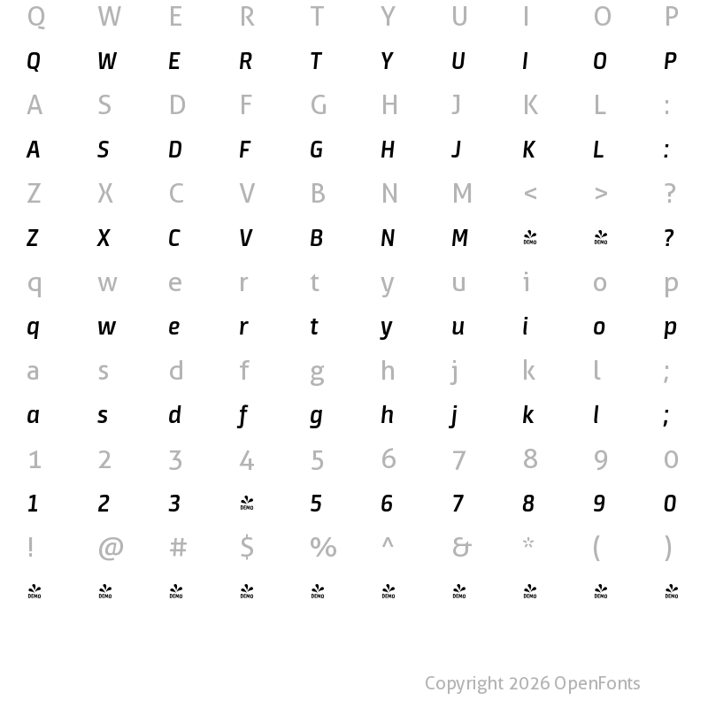 Character Map of FONTSPRING DEMO - Neuron Angled Demibold Demibold Italic