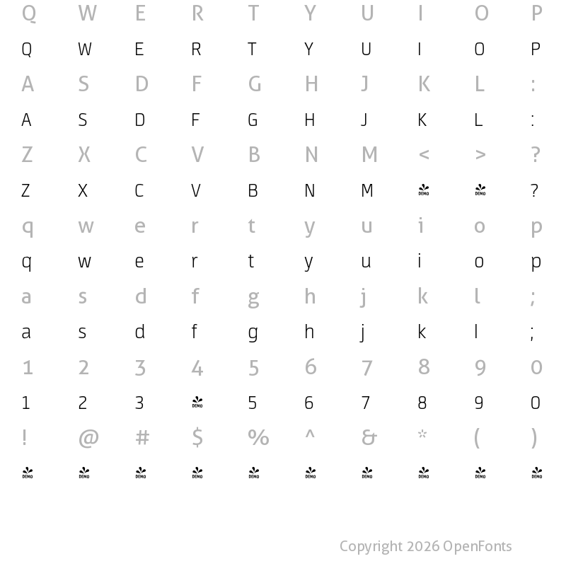 Character Map of FONTSPRING DEMO - Neuron Angled Extralight Extralight