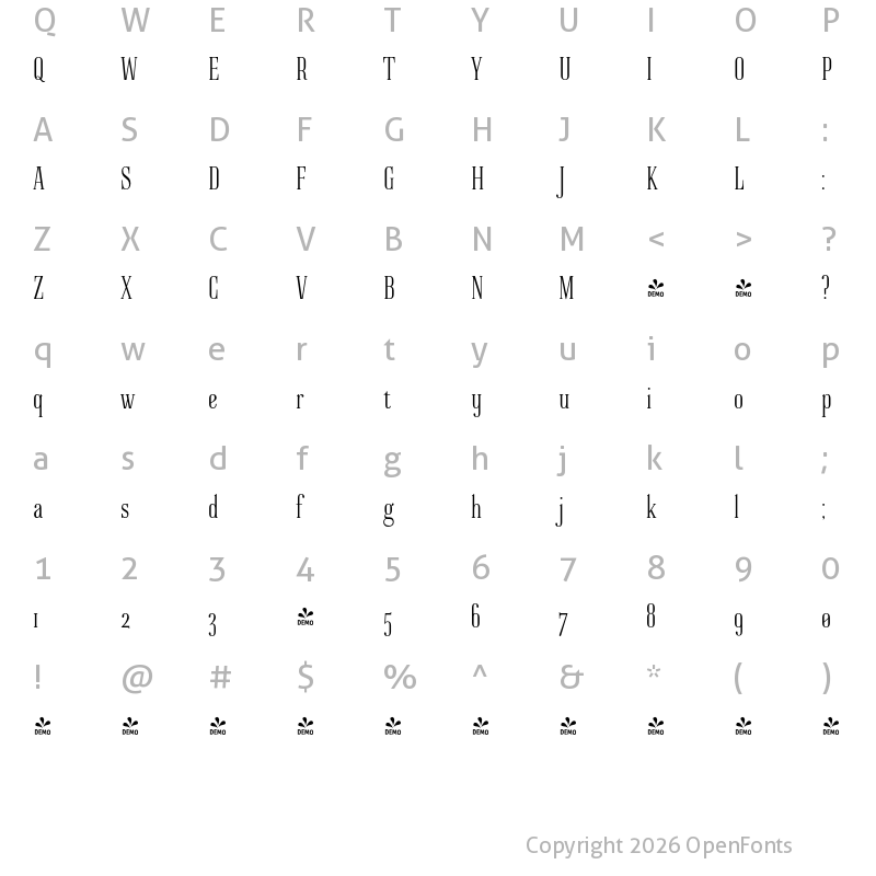 Character Map of FONTSPRING DEMO - New Ayres Cond Regular