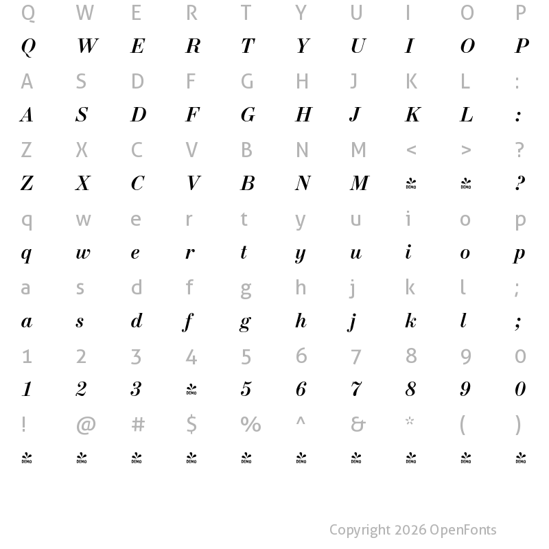 Character Map of FONTSPRING DEMO - NewStandard Bold Italic