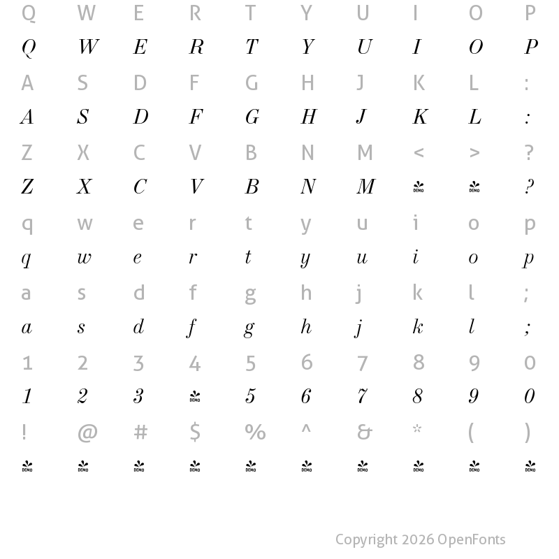 Character Map of FONTSPRING DEMO - NewStandard Italic