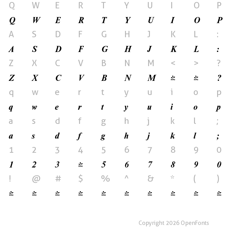 Character Map of FONTSPRING DEMO - Newton Bold Italic