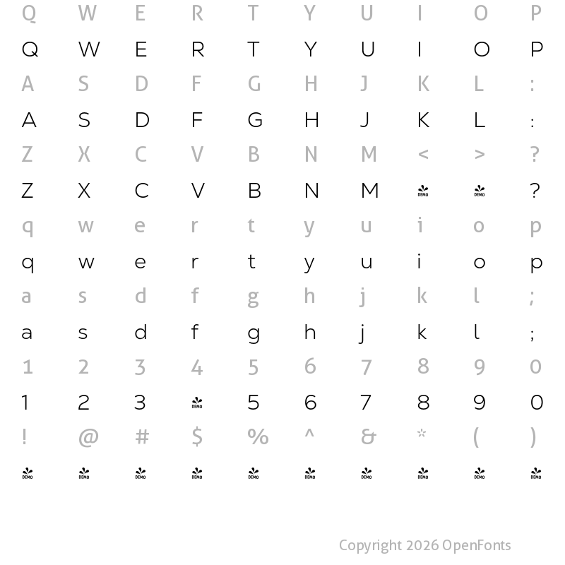 Character Map of FONTSPRING DEMO - Nexa Text Light Regular