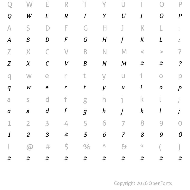 Character Map of FONTSPRING DEMO - Nic DemiBoldItalicRounded Regular