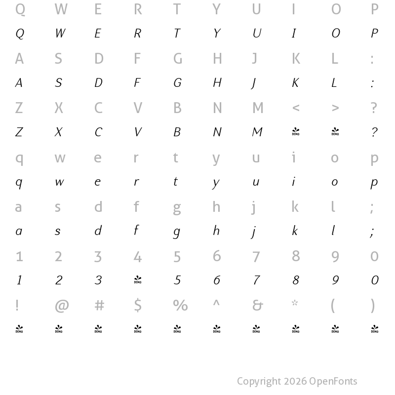 Character Map of FONTSPRING DEMO - Nic LightItalicRounded Regular