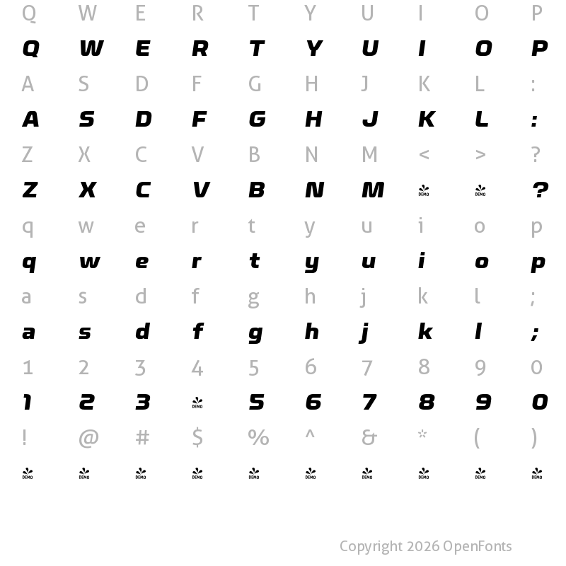 Character Map of FONTSPRING DEMO - Nicomedia ExtBd Ita Italic