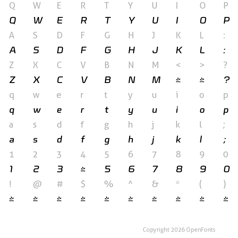 Character Map of FONTSPRING DEMO - Nicomedia Med Ita Italic