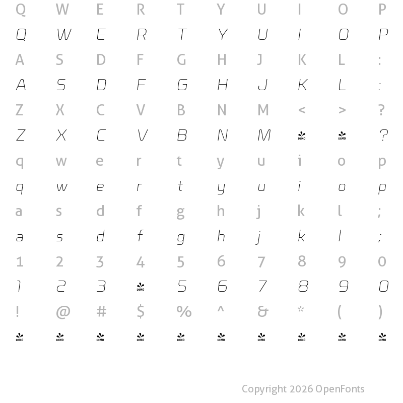 Character Map of FONTSPRING DEMO - Nicomedia Thin Ita Italic