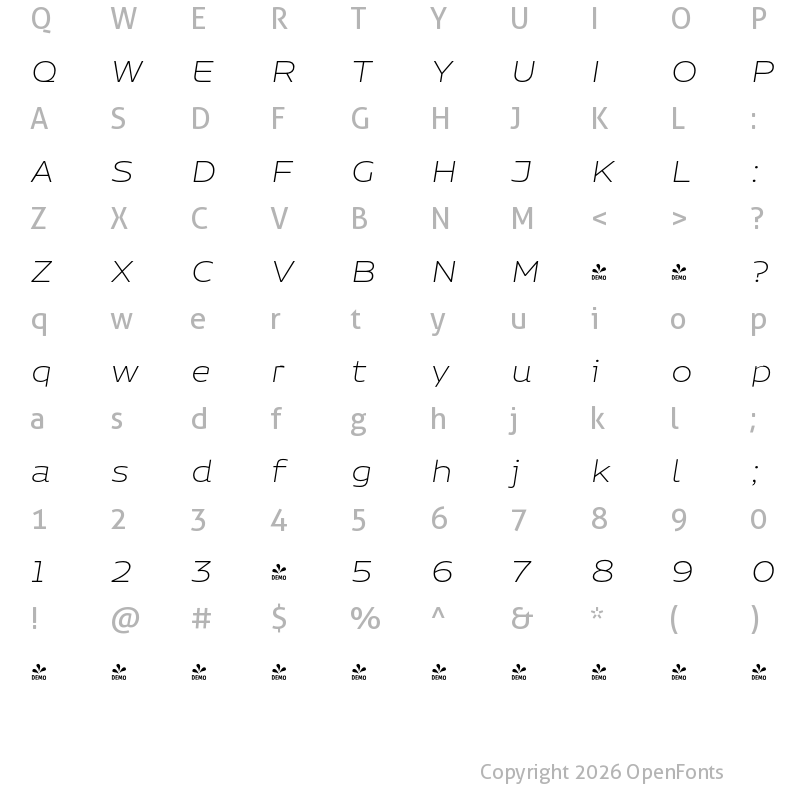 Character Map of FONTSPRING DEMO - Niemeyer UltraLight It Regular