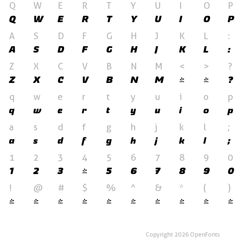 Character Map of FONTSPRING DEMO - Nikaia Bold Italic