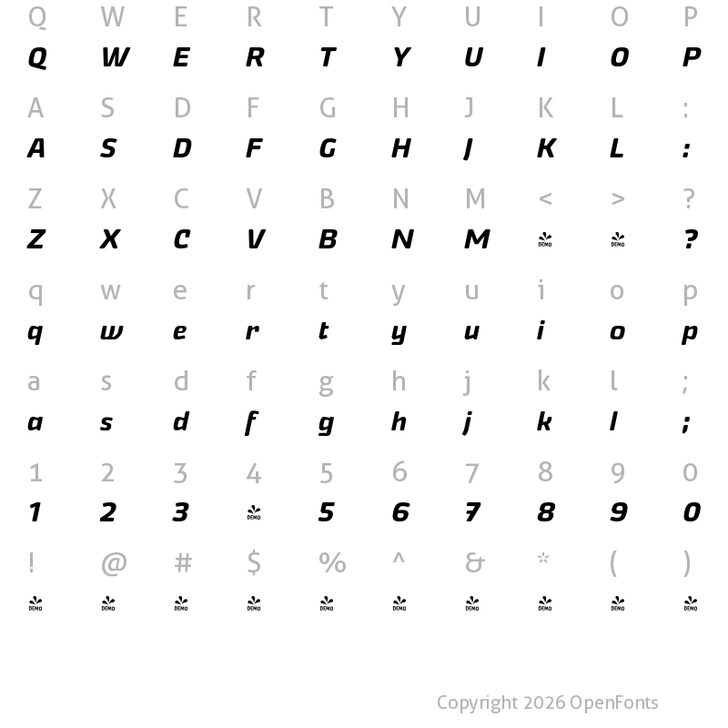 Character Map of FONTSPRING DEMO - Nikaia Medium Italic