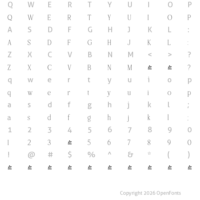 Character Map of FONTSPRING DEMO - Nillota Thin Regular