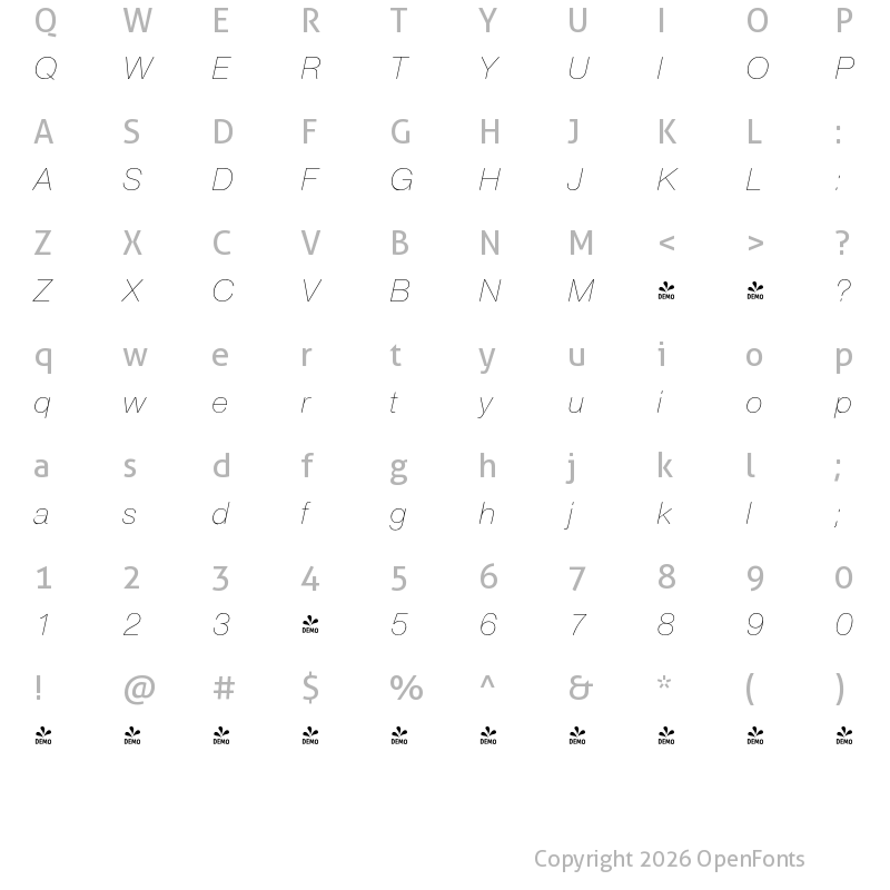 Character Map of FONTSPRING DEMO - Nimbus Sans Round Ultra Light Italic
