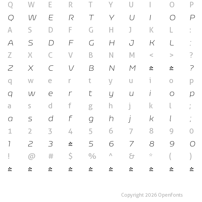Character Map of FONTSPRING DEMO - Nizzoli Alt ExtraLight It Regular