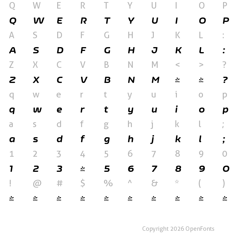 Character Map of FONTSPRING DEMO - Nizzoli Alt Rd Black It Regular