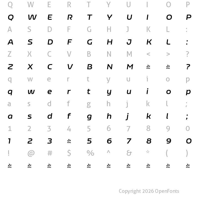 Character Map of FONTSPRING DEMO - Nizzoli Alt Rd Bold It Regular