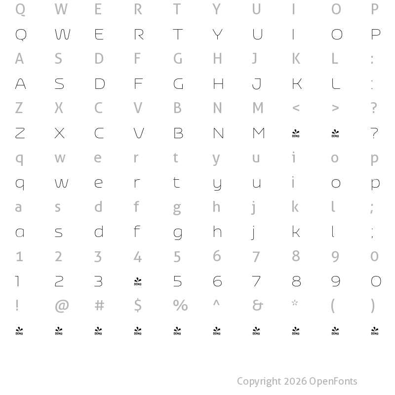 Character Map of FONTSPRING DEMO - Nizzoli Alt Thin Regular