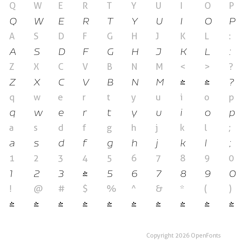 Character Map of FONTSPRING DEMO - Nizzoli ExtraLight It Regular