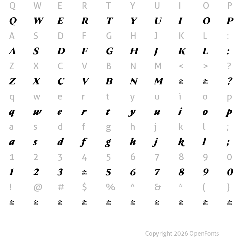 Character Map of FONTSPRING DEMO - Nocturne Serif Bold Italic Regular