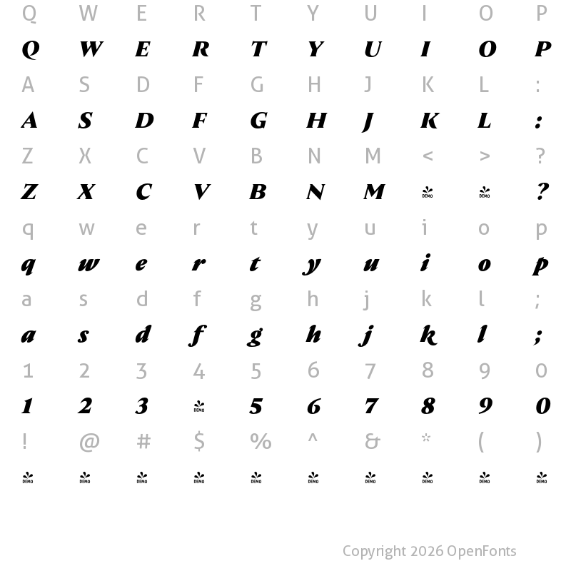 Character Map of FONTSPRING DEMO - Nocturne Serif ExtraBold Italic Regular
