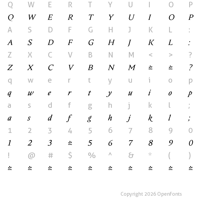 Character Map of FONTSPRING DEMO - Nocturne Serif Italic Regular