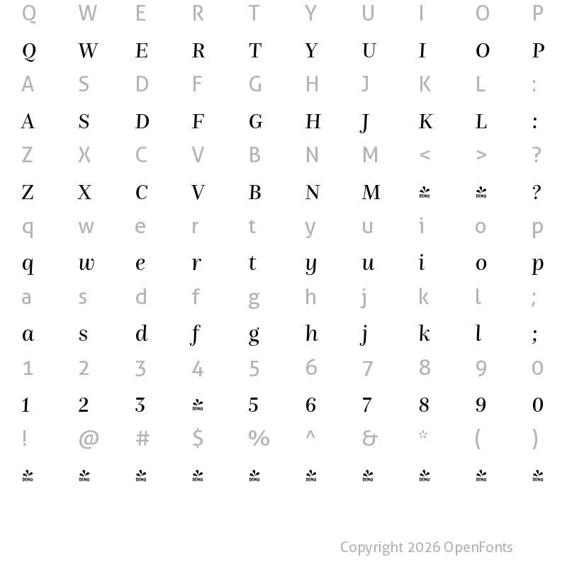 Character Map of FONTSPRING DEMO - Nomada Didone Italic